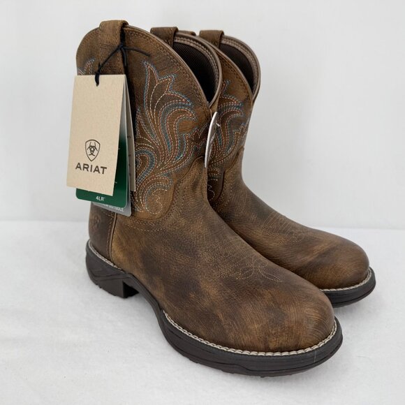 NWOB Ariat Womens Brown Leather Western Shortie Boots US 6.5B Oil/Slip Resistant - Picture 1 of 13